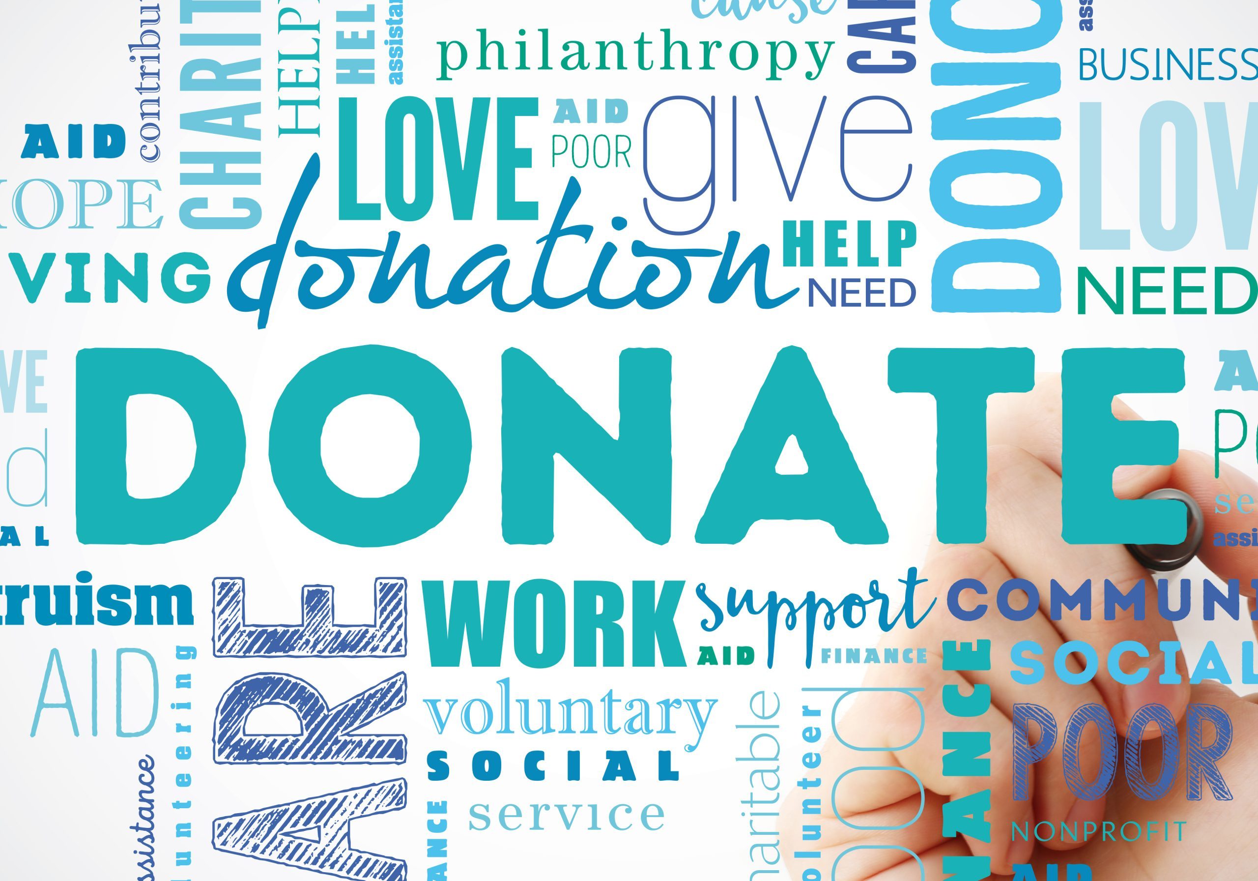 Donate word cloud collage with marker, social concept background