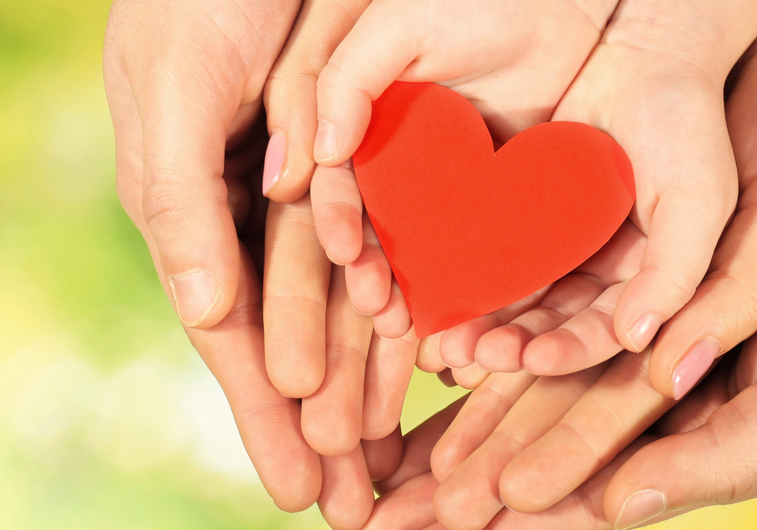 Red heart in family hands on bright background